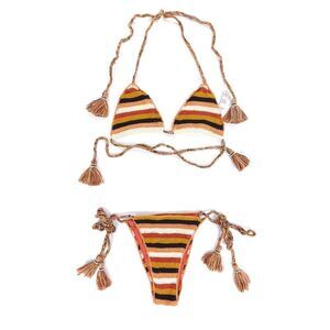 NEW Maaji Burgundy Barcode Balty Bikini Top Sunshiny Bottom Crochet Knit Set